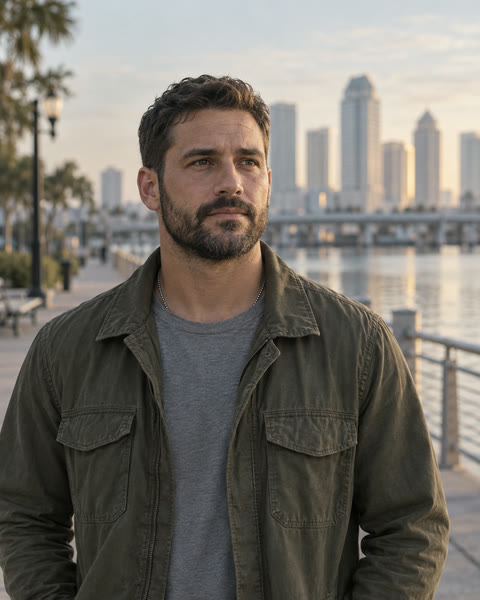 A calm portrait of a man in civilian clothes on a waterfront path