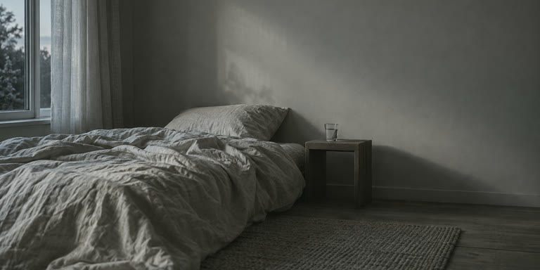 A quiet bedroom at night, the abstract cover for an article on sleep and the nervous system