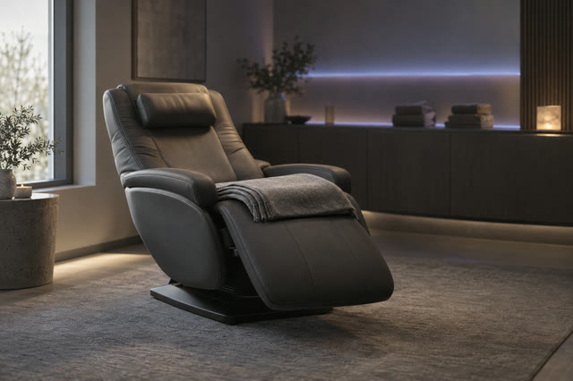 An empty reclining therapy chair under soft colored light in a quiet room